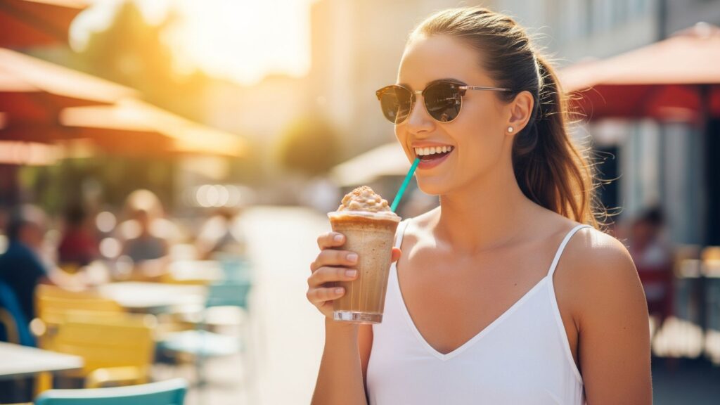 A woman with a bright smile enjoying one of the best frozen coffee drinks in the sunshine.