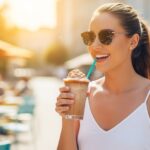 A woman with a bright smile enjoying one of the best frozen coffee drinks in the sunshine.