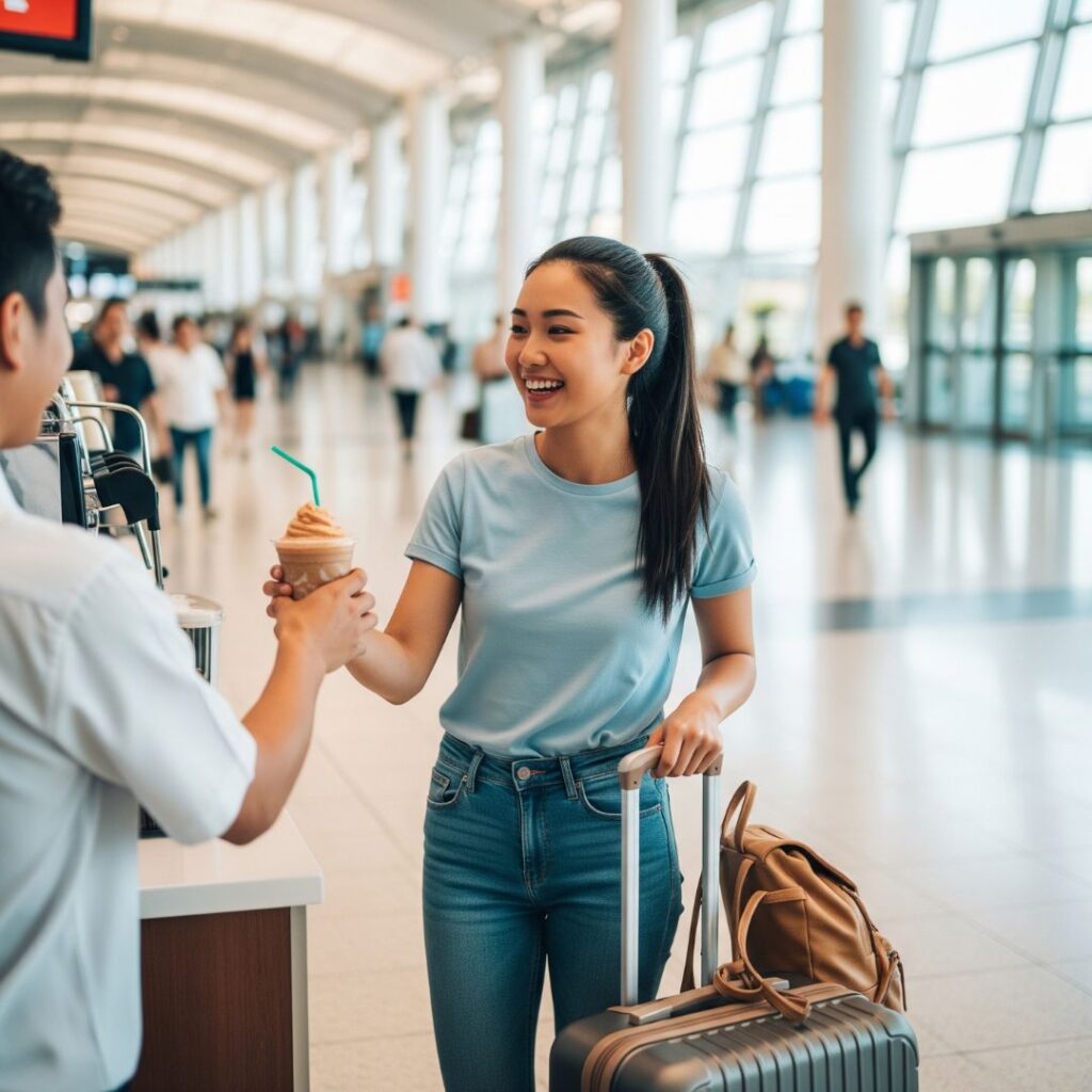 A happy traveler in an airport holding a portable frozen coffee drink.