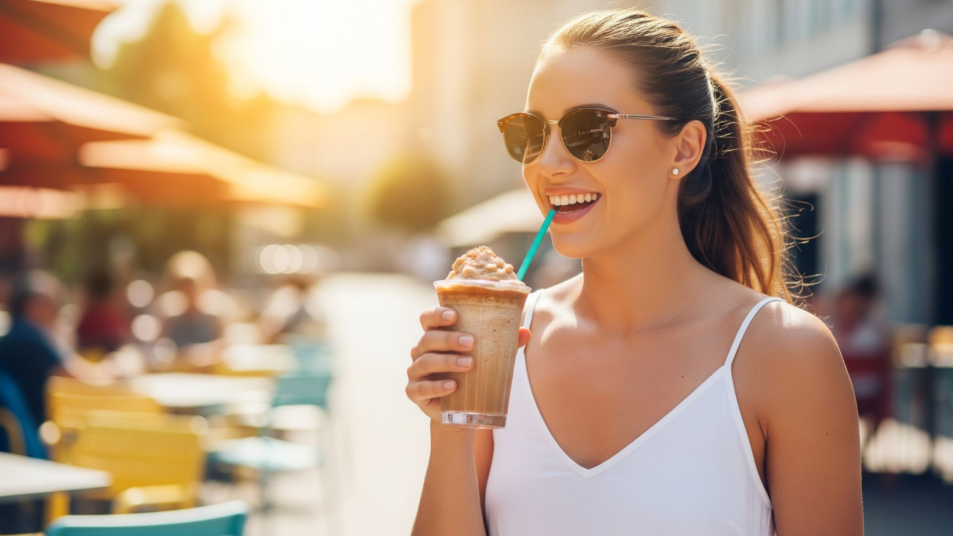 A woman with a bright smile enjoying one of the best frozen coffee drinks in the sunshine.
